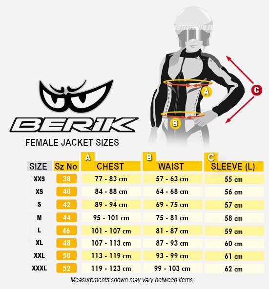 Berik Female Jacket Size Chart