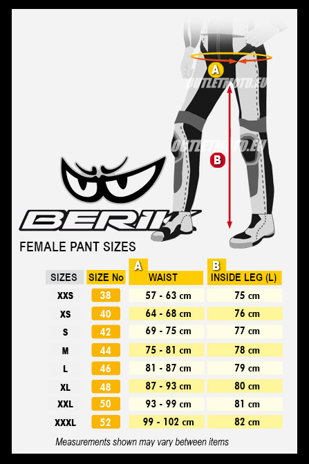 Berik Female Pants Size Chart