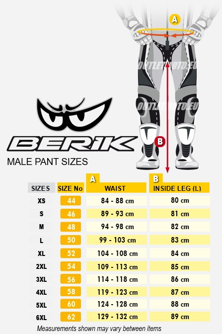 Berik Mens Pants Size Chart