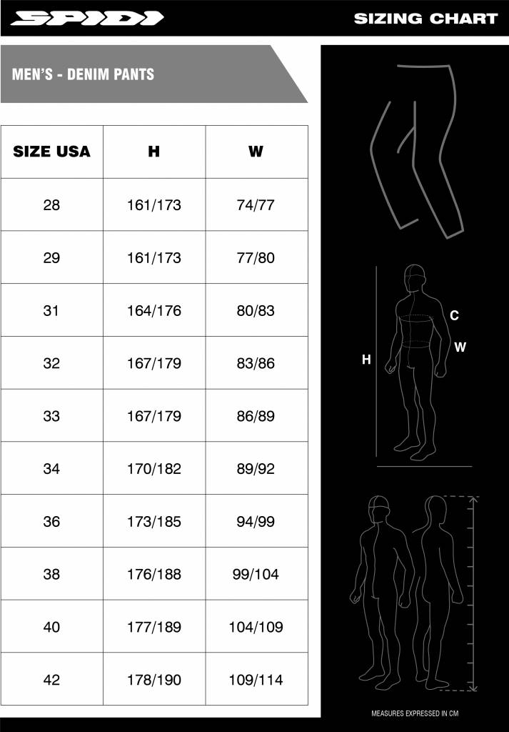 Spidi Men's denim pants Size chart