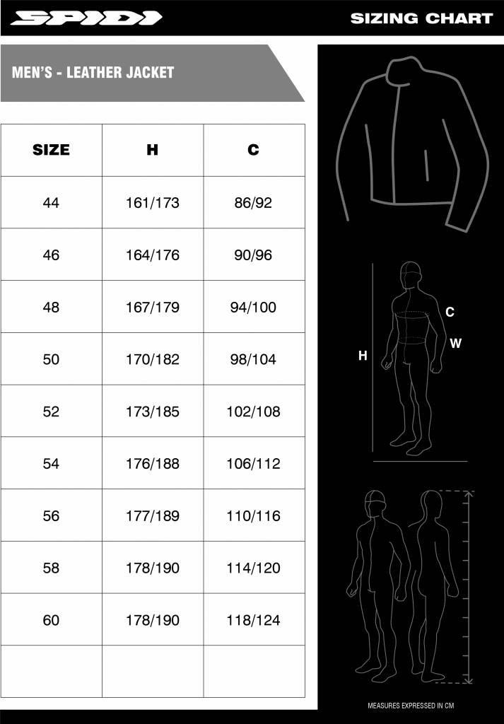 Spidi Men's Leather JacketsSize chart