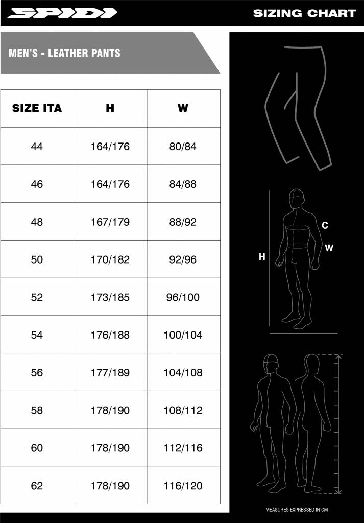 Spidi Men's Leather Pants Size chart