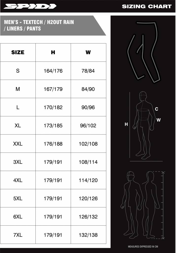 Spidi Men's Textech Pants Size chart