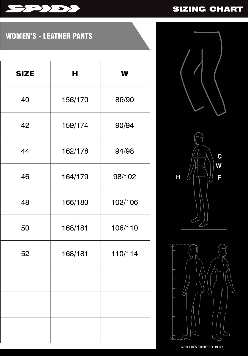 Spidi Women's leather Pants Size chart